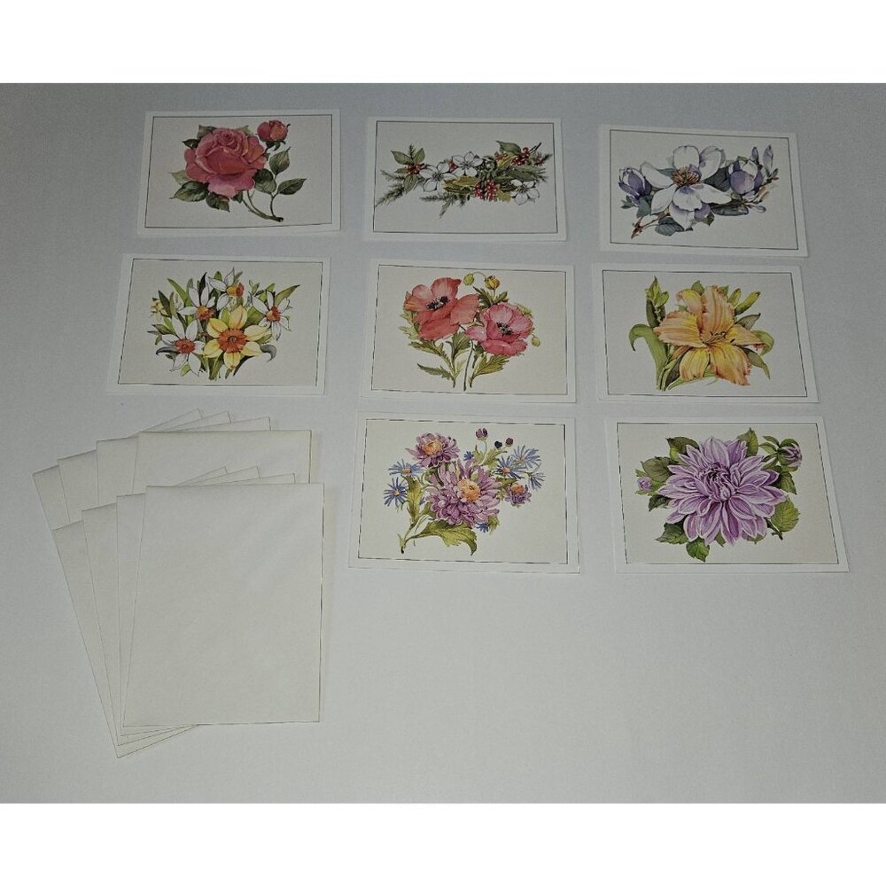 8 VTG Blank Greeting Cards Lot Flowers Envelopes Magnolia Daffodil Rose Dahlia
